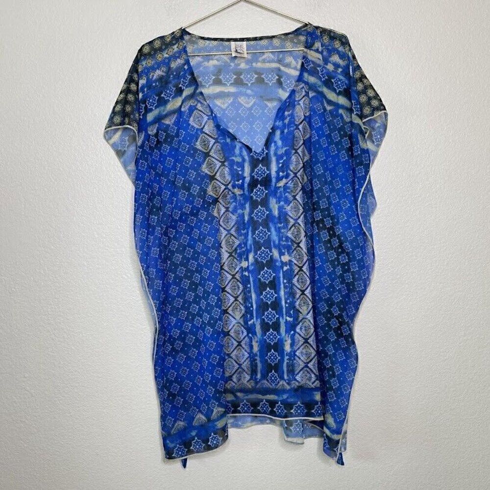 Becca Coverup M L Boho Hippie Caftan Batik Pull Over Tunic Resort Sheer Swim - Picture 11 of 11